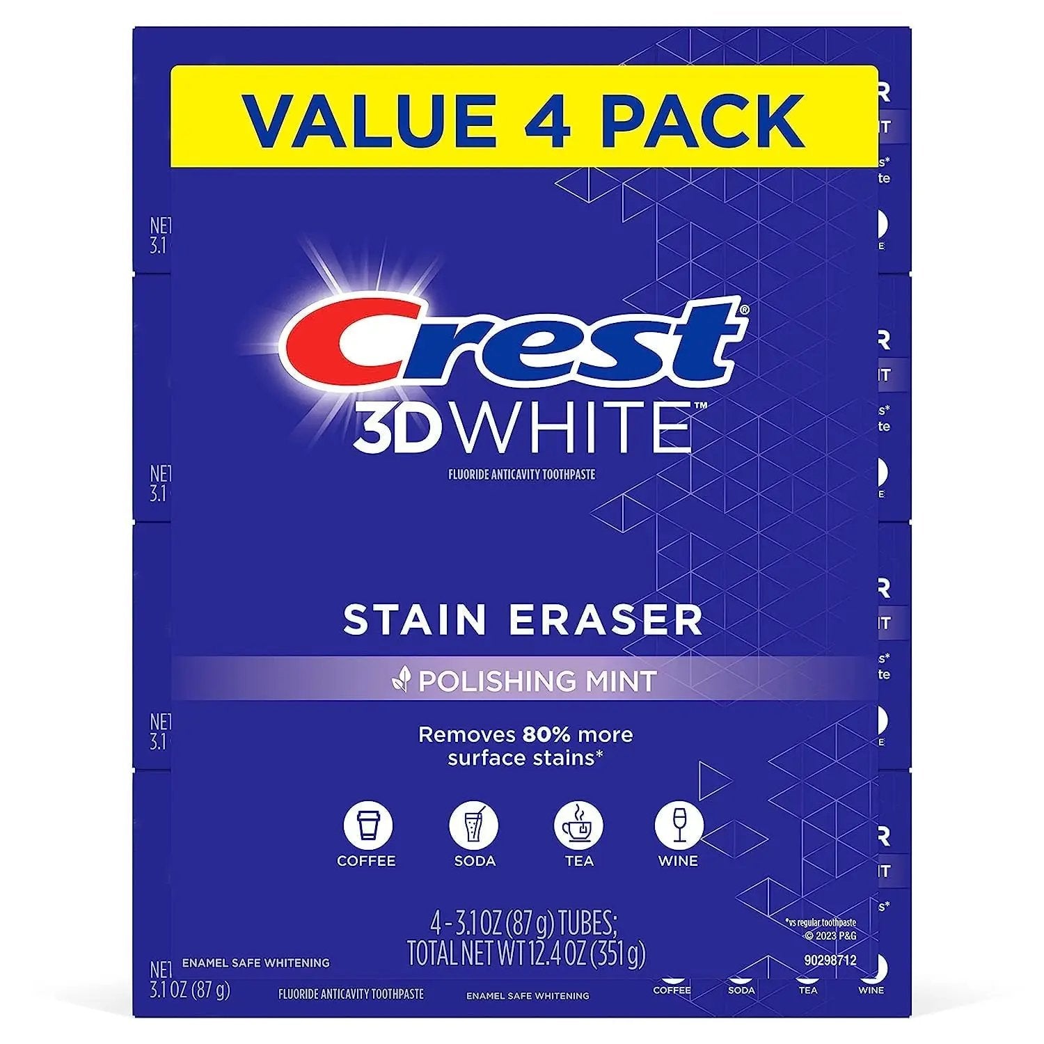 Crest 3D White Stain Eraser Teeth Whitening Toothpaste, Polishing Mint, 3.1 Oz (Pack of 4)