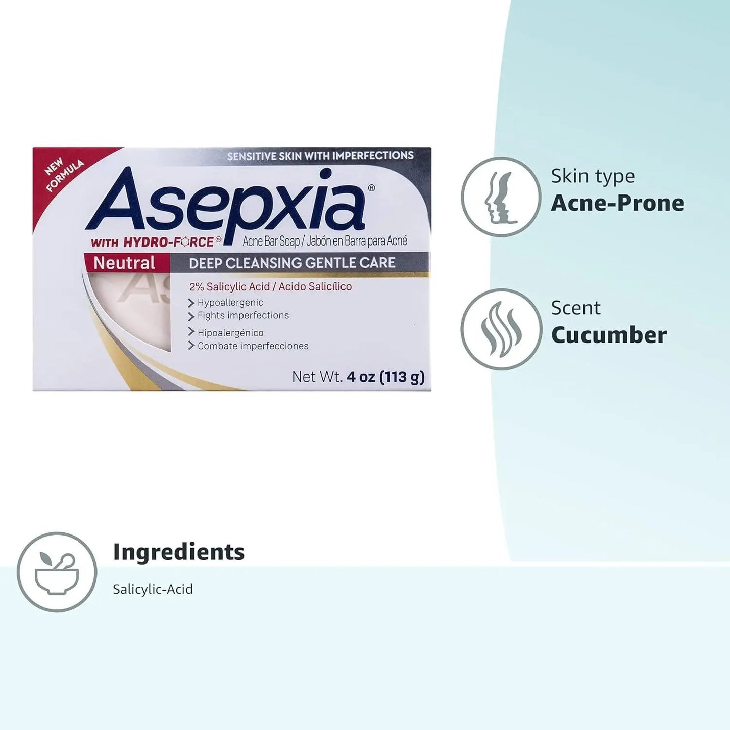 Asepxia Deep Cleansing Gentle Care Acne Treatment Hypoallergenic Bar Soap with Salicylic Acid, 4 Ounce