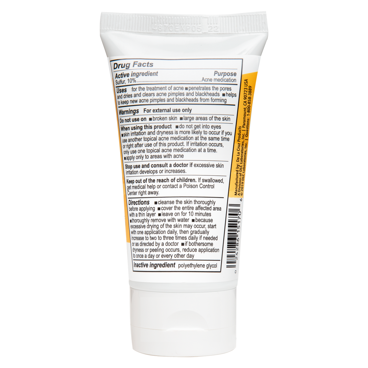 De La Cruz Sulfur 10% Acne Treatment Ointment 74 g Tube - Drug facts label