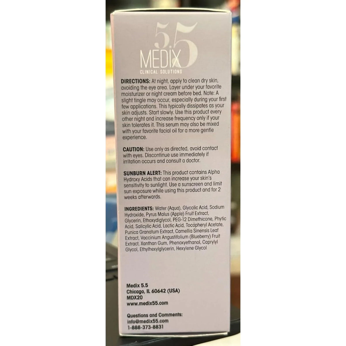 Medix 5.5 Glycolic + Lactic Face Peel — rear packaging and label details