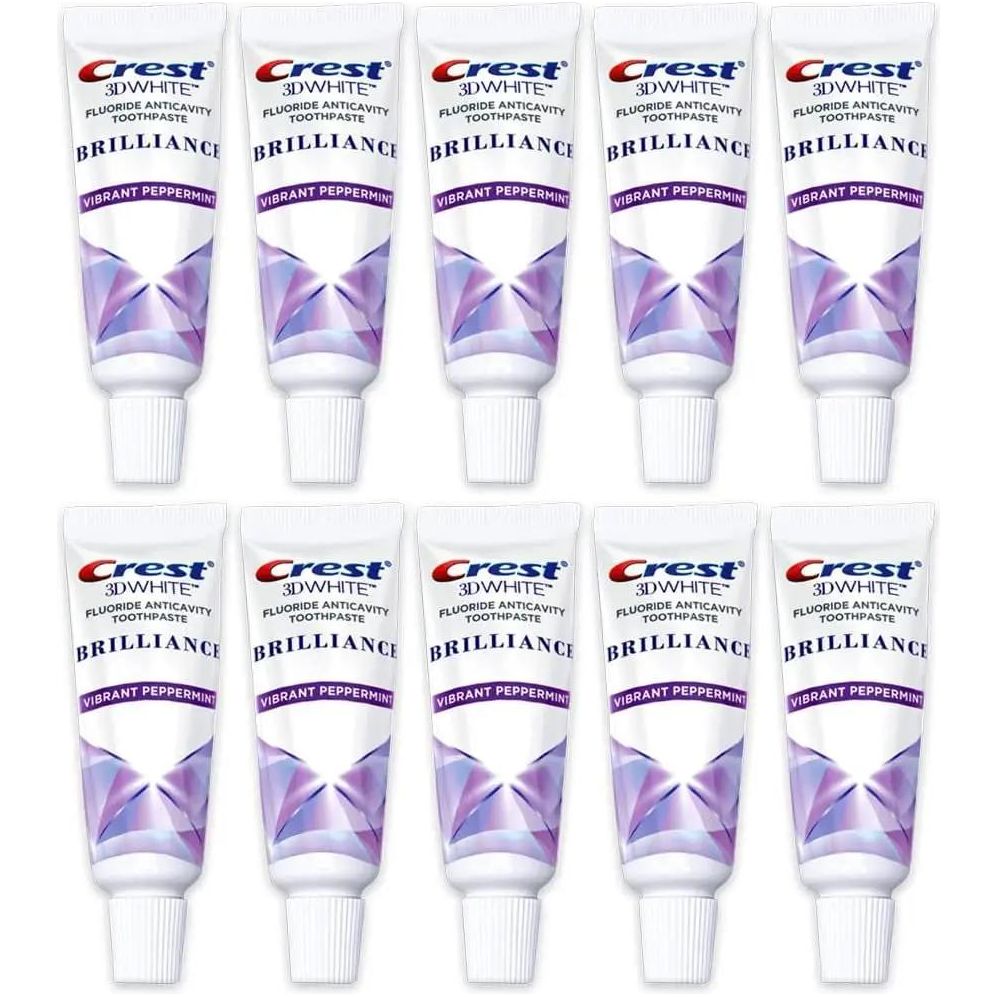 Crest 3D White Brilliance Toothpaste, Vibrant Peppermint, Travel Size 0.85 Oz (24G) - Pack of 10