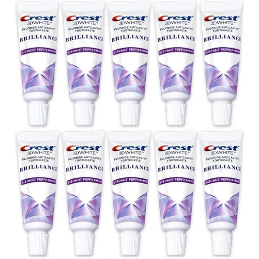 Crest 3D White Brilliance Toothpaste, Vibrant Peppermint, Travel Size 0.85 Oz (24G) - Pack of 10