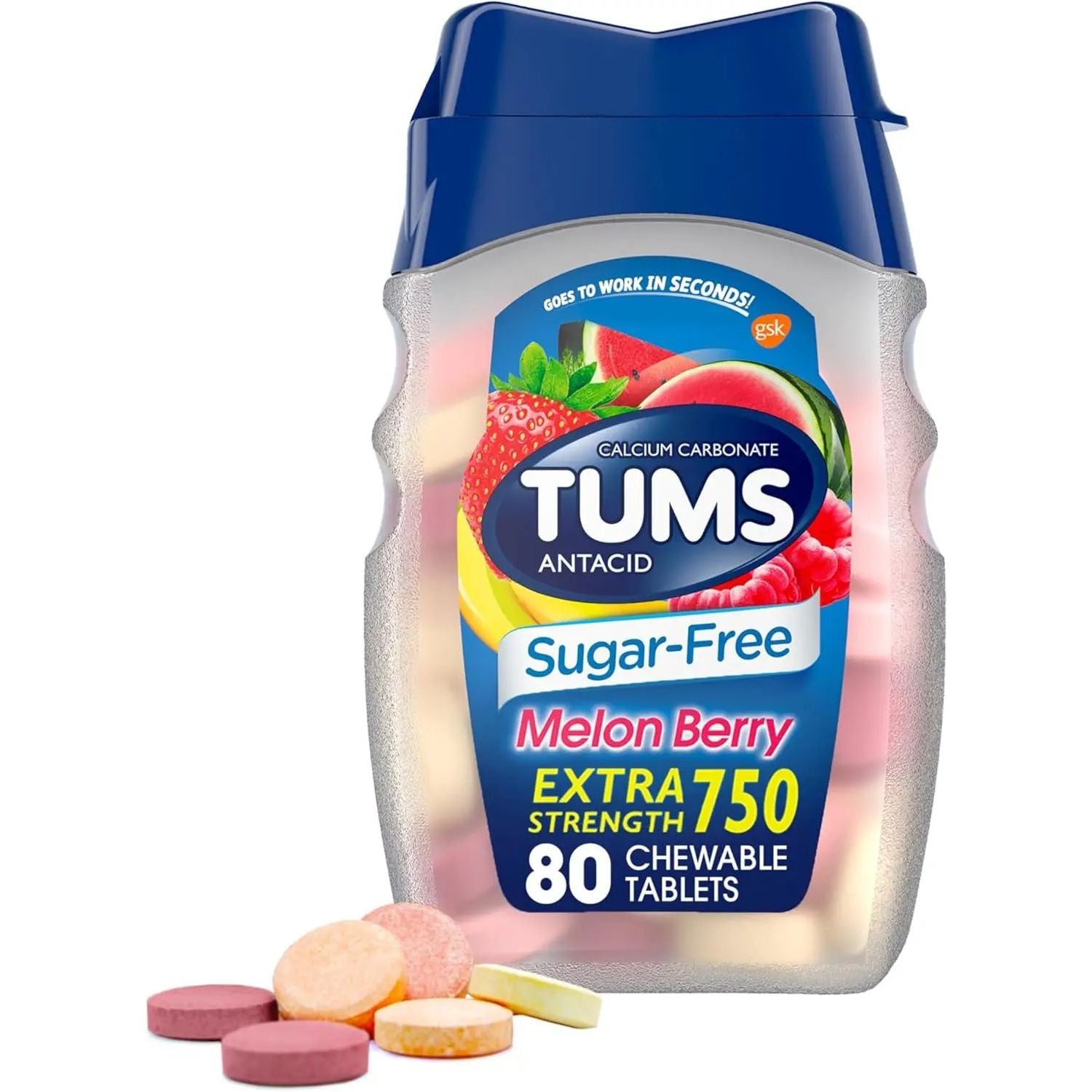 TUMS Extra Strength Sugar-Free Antacid, Melon Berry Chewable Tablets for Heartburn Relief, 80 CT