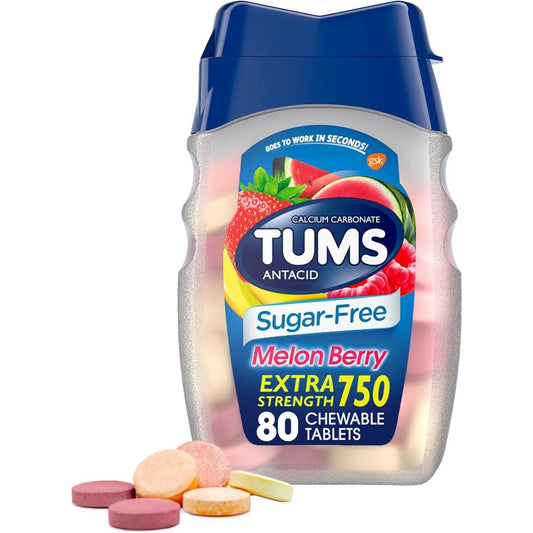 TUMS Extra Strength Sugar-Free Antacid, Melon Berry Chewable Tablets for Heartburn Relief, 80 CT