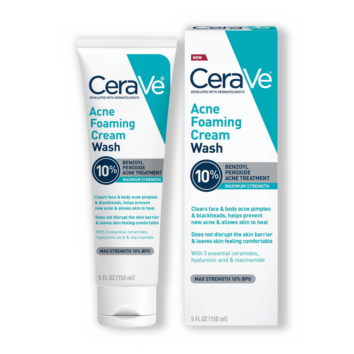 CeraVe Acne Foaming Cream Wash 10% Benzoyl Peroxide 150 ml tube and box