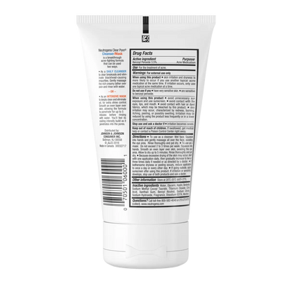 Neutrogena Clear Pore Cleanser/Mask back label showing 3.5% benzoyl peroxide, directions and ingredients