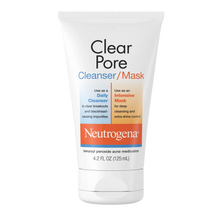 Neutrogena Clear Pore Cleanser/Mask 3.5% benzoyl peroxide, 4.2 fl oz (125 ml), front of tube