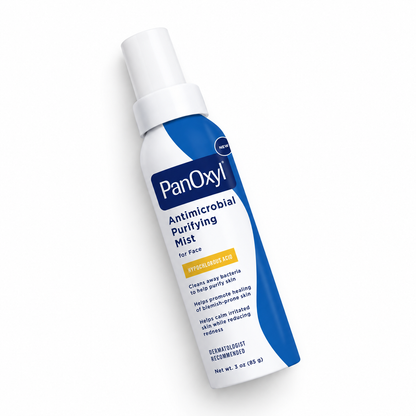 PanOxyl Antimicrobial Purifying Mist bottle shown diagonally on a plain white background