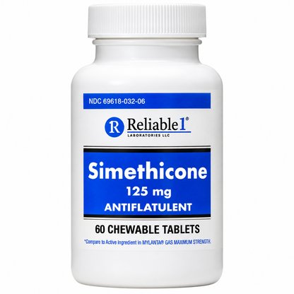 Reliable1 Simethicone 125 mg antigas chewable tablets, 60-count bottle, front view on white