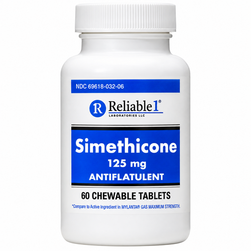 Reliable1 Simethicone 125 mg antigas chewable tablets, 60-count bottle, front view on white