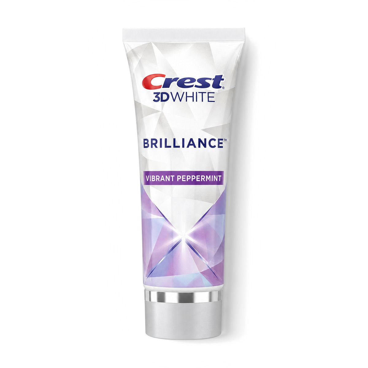 Front view of Crest 3D White Brilliance Vibrant Peppermint toothpaste on a plain white background