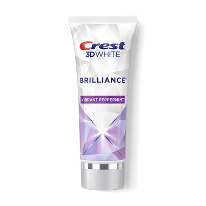 Front view of Crest 3D White Brilliance Vibrant Peppermint toothpaste on a plain white background
