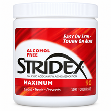 Stridex Maximum Strength 2% salicylic acid acne pads, 90-count tub, front view on white