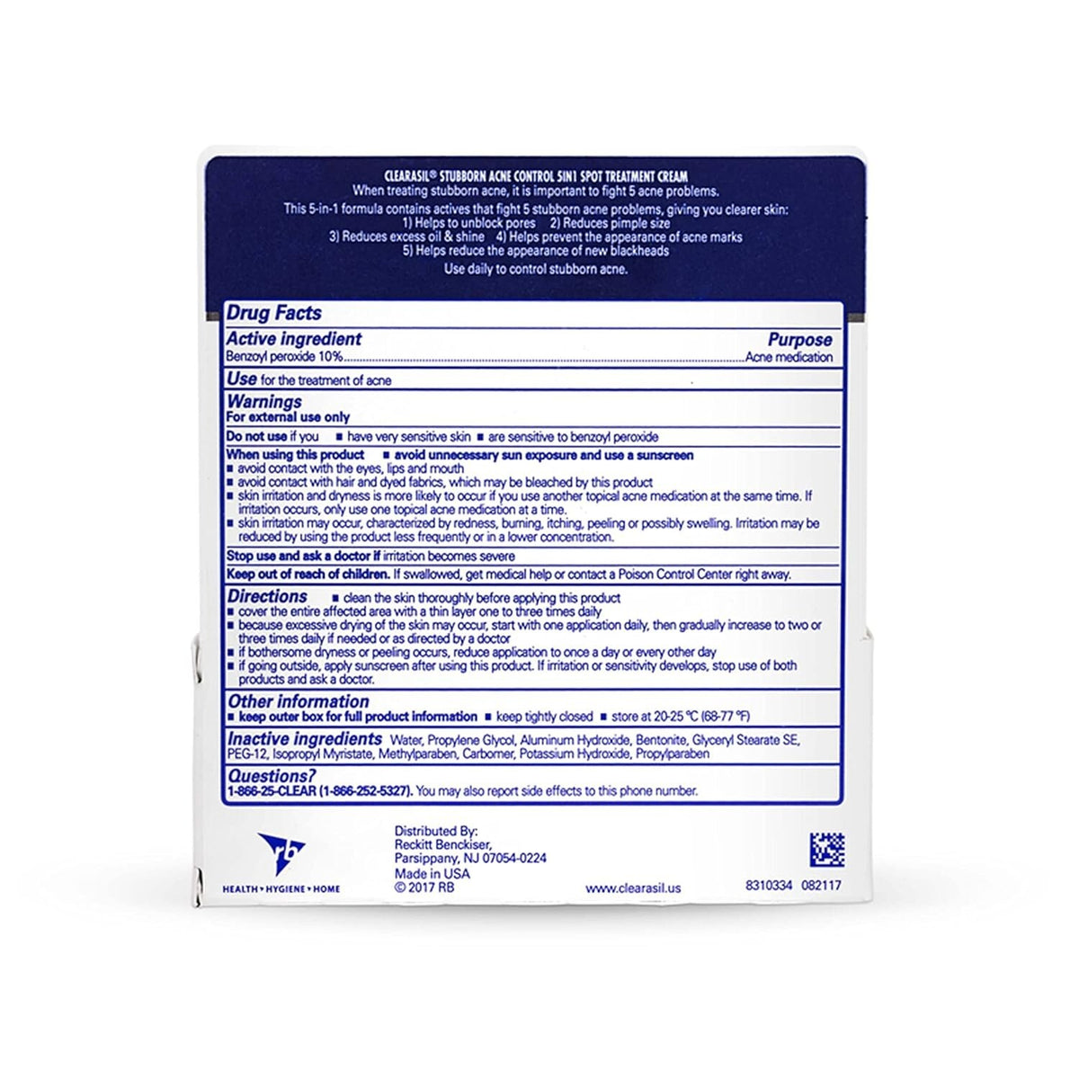 Clearasil Stubborn Acne Control 5-in-1 Cream 10% Benzoyl Peroxide 28 g - drug facts label