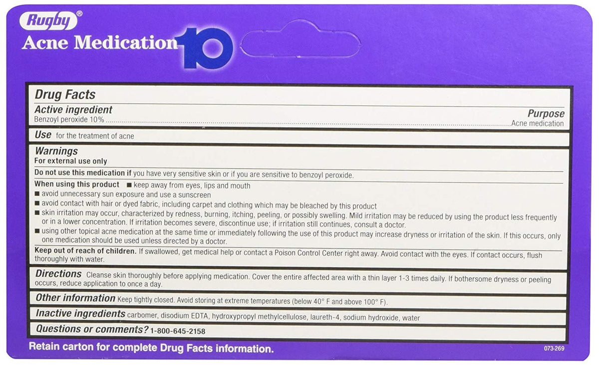 Rugby Acne Gel 10% Benzoyl Peroxide 1.5 oz (42.5 g)