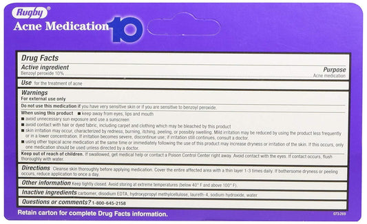 Rugby Acne Gel 10% Benzoyl Peroxide 1.5 oz (42.5 g)