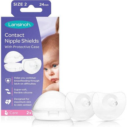 Lansinoh Contact Nipple Shield with Carrying Case, 2 Count, 24Mm, for Breastfeeding Assistance with Short Term Latch on Difficulties, Ultra-Thin, Super Soft, Flexible, 100% Silicone, BPA and BPS Free