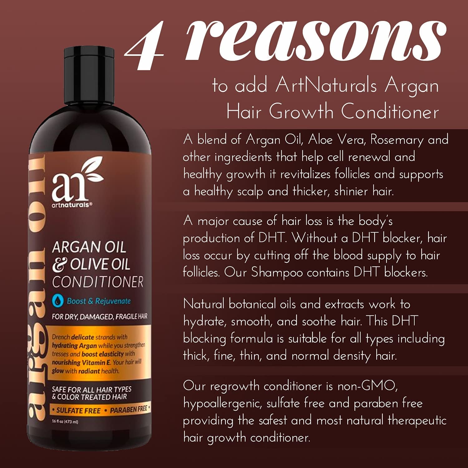 Artnaturals Argan-Oil Conditioner for Hair-Regrowth - (16 Fl Oz / 473Ml) - Sulfate Free - Treatment for Hair Loss and Thinning - Growth Product for Men & Women - Infused with Biotin