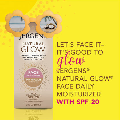 Jergens Natural Glow Oil-Free Daily Moisturizer for Face with Broad Spectrum SPF 20, Fair to Medium Skin Tones, 2 Ounces