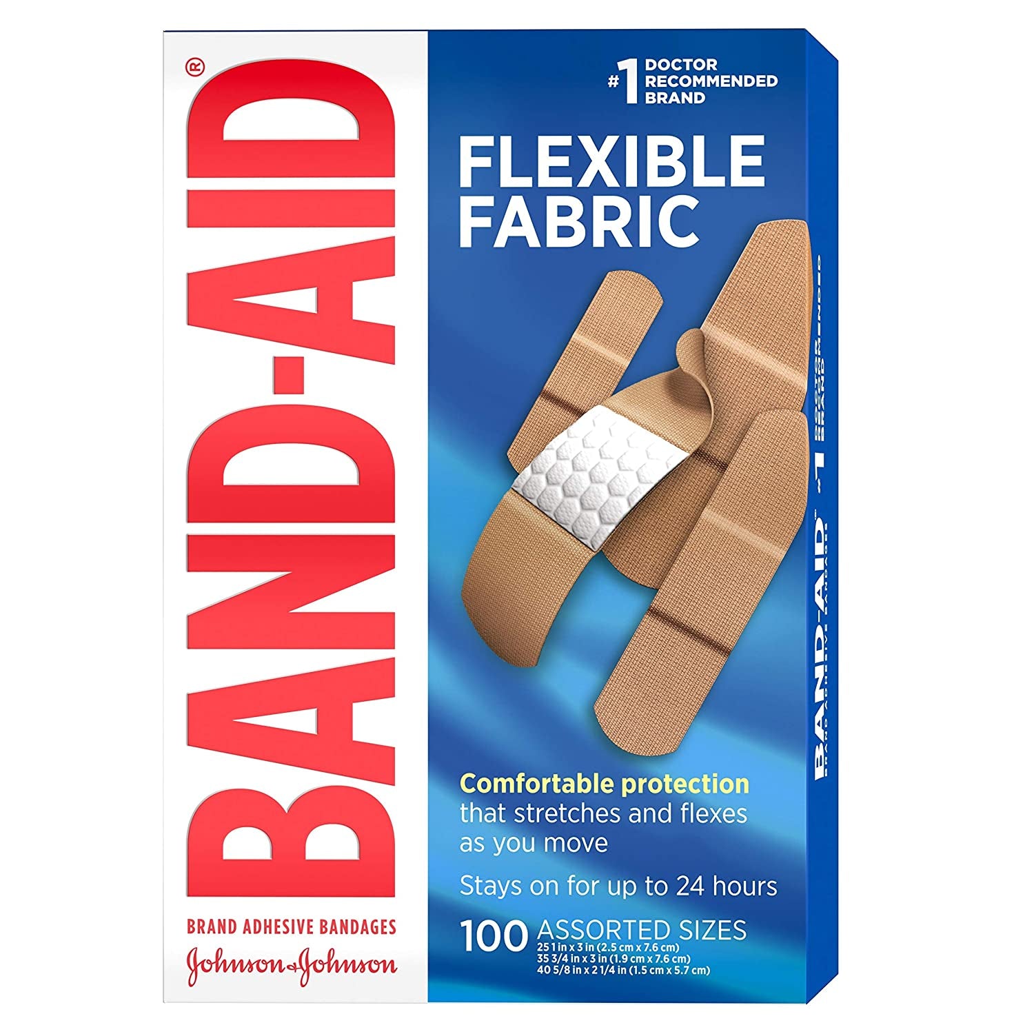 Band-Aid Brand Flexible Fabric Adhesive Bandages for Wound Care and First Aid, Assorted Sizes, 100 Ct