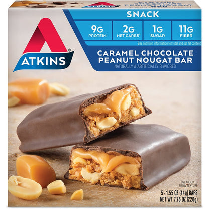 Atkins, Advantage, Caramel Chocolate Peanut Nougat Bar, 5 Bars, 1.6 Oz (44 G) Each