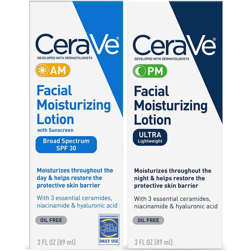 Cerave Day & Night Face Lotion Skin Care Set | Contains AM with SPF 30 and PM Face Moisturizer | Fragrance Free