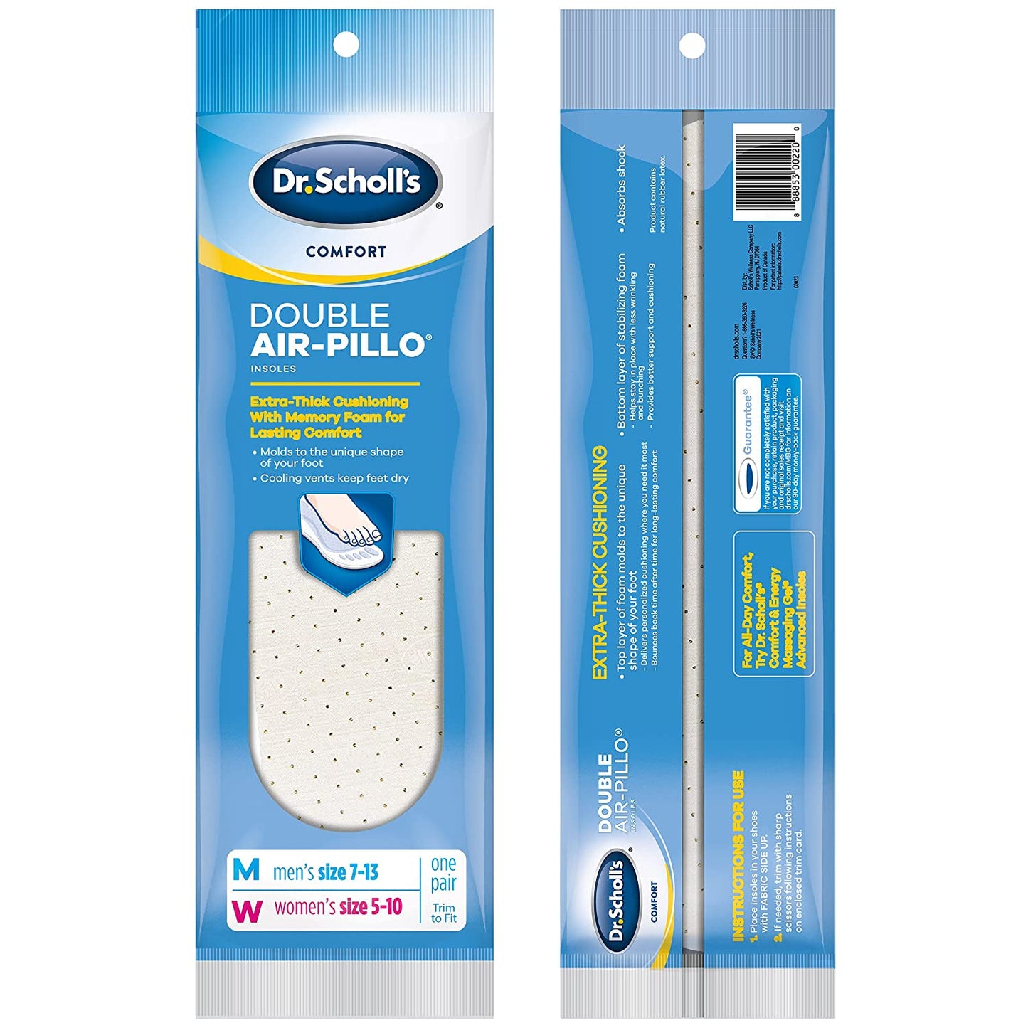 Dr. Scholl'S Comfort Double Air-Pillo Insoles, 1 Pair, Men Size 7-13, Women Size 5-10