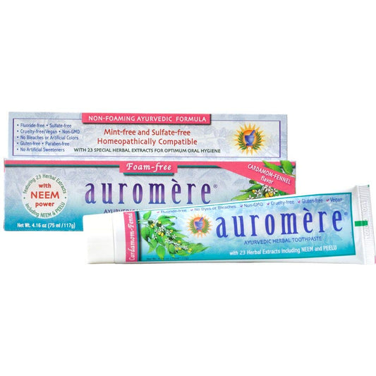 Ayurvedic Herbal Toothpaste Foam-Free Cardamom-Fennel by Auromere - Fluoride-Free, Natural, with Neem, Vegan and Sulfate-Free - 4.16 Oz