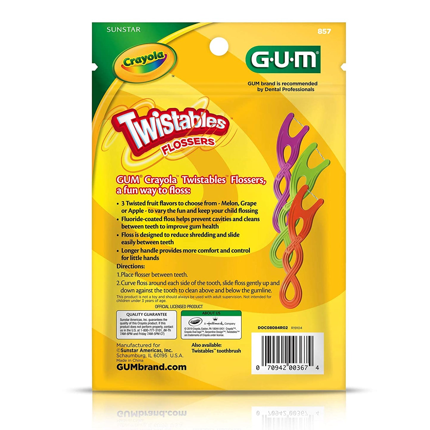 GUM Crayola Twistables Flossers, Fluoride Coated, 857R, Twisted Fruit Flavors, Ages 3+, 75 Count