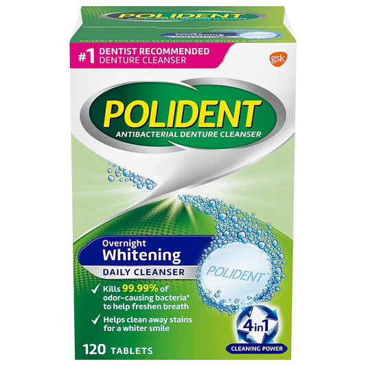 Polident Overnight Whitening Antibacterial Denture Cleanser Effervescent Tablets, 120 Count