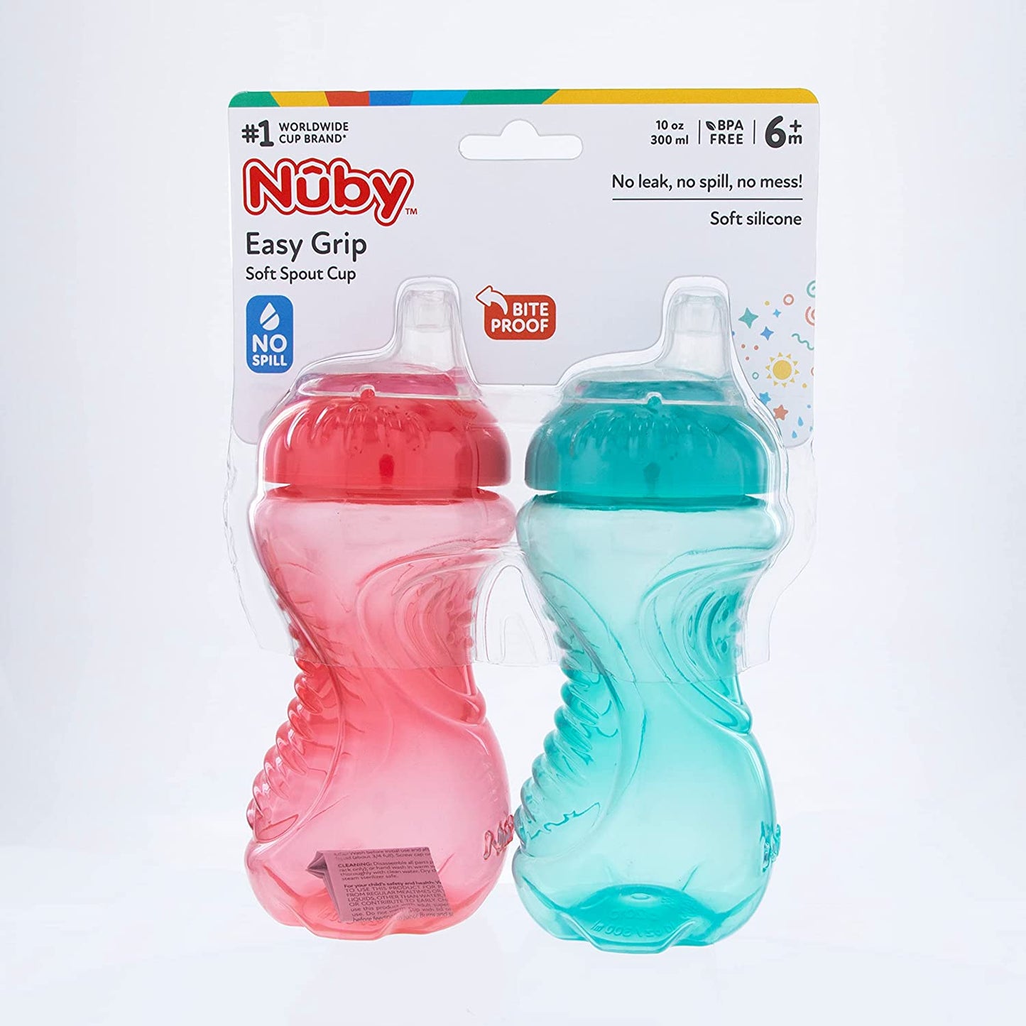 Nuby 2-Pack No-Spill Easy Grip Cup, 10 Ounce, Colors May Vary