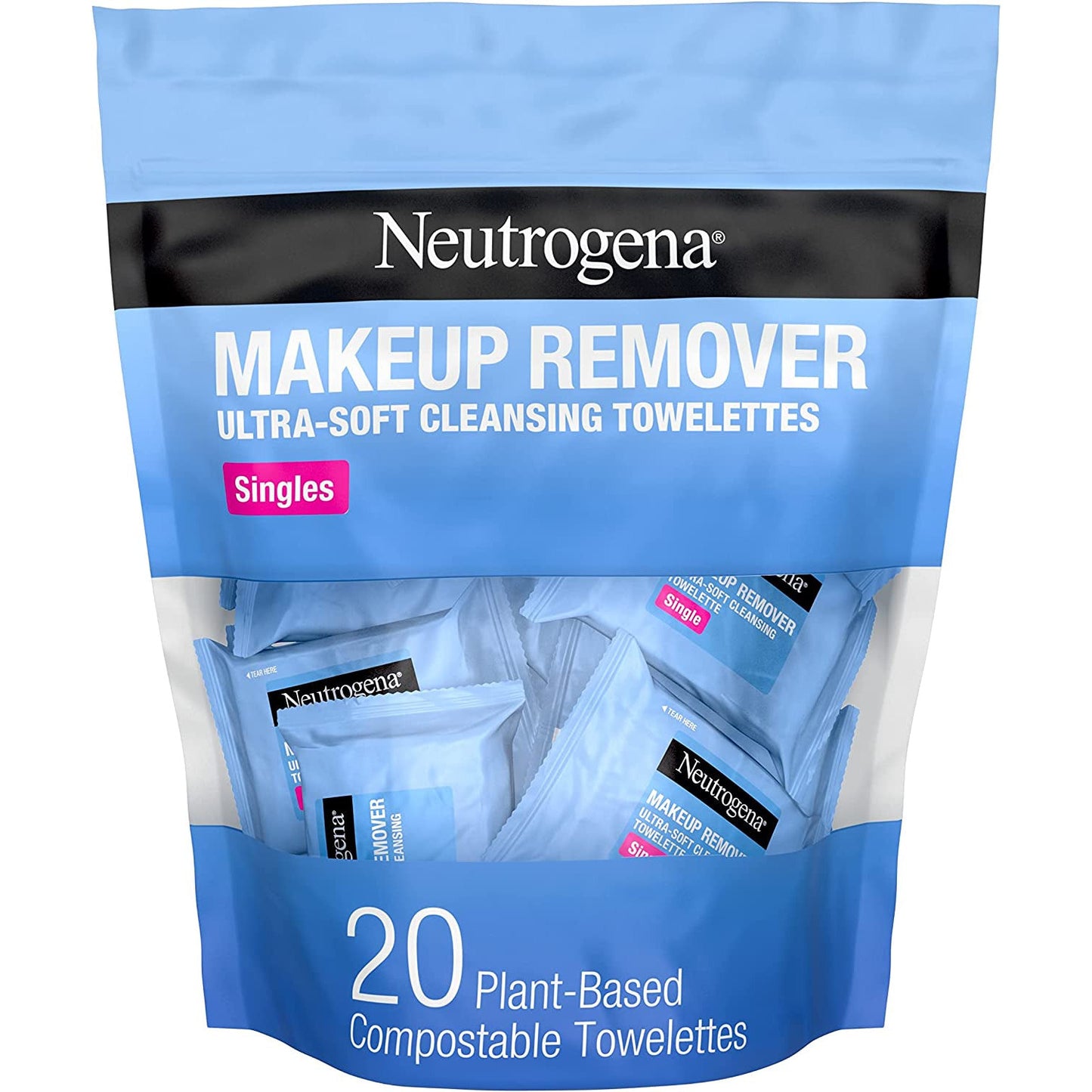 Neutrogena Makeup Remover Facial Cleansing Towelette Singles, Daily Face Wipes to Remove Dirt, Oil, Makeup & Waterproof Mascara, Gentle, Alcohol-Free, Individually Wrapped, 20 Ct