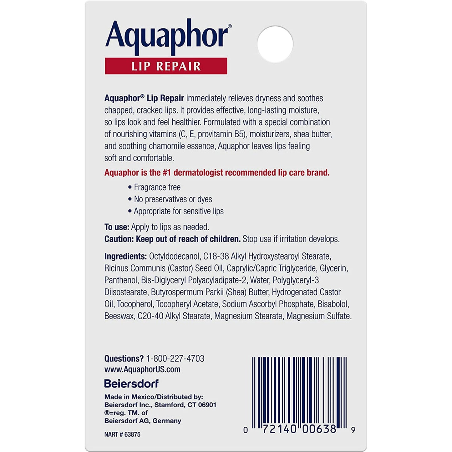 Aquaphor Lip Repair Ointment - Long-Lasting Moisture to Soothe Dry Chapped Lips - .35 Fl. Oz. Tube