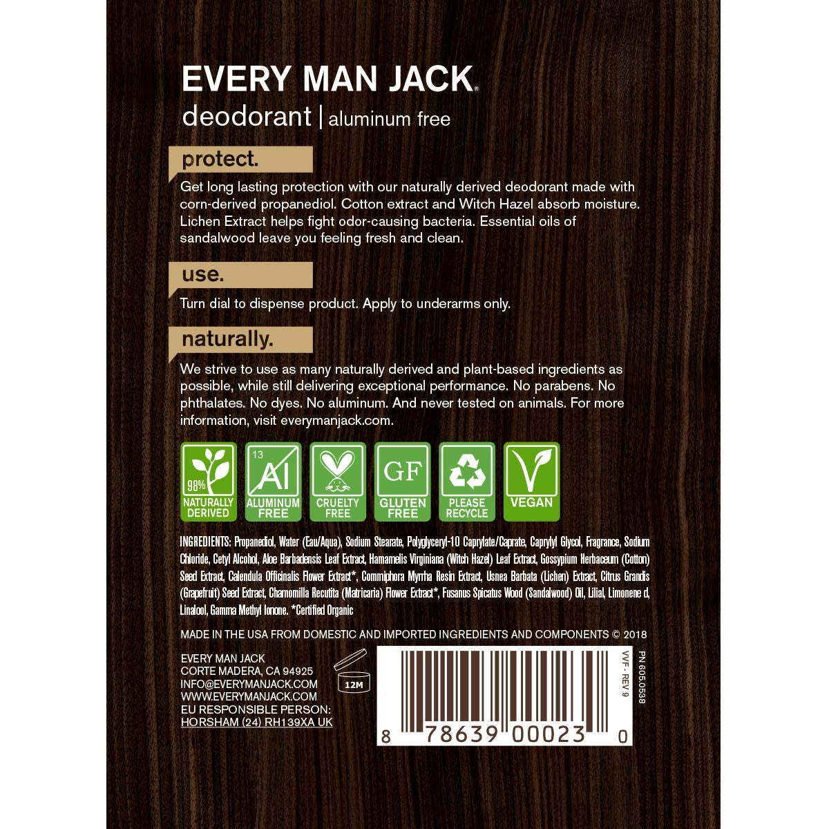 Every Man Jack 91300 Deodorant, Sandalwood, 3 Oz.