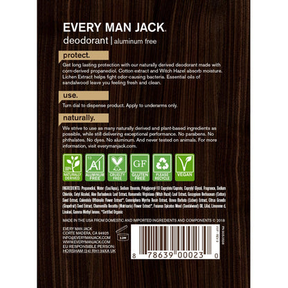 Every Man Jack 91300 Deodorant, Sandalwood, 3 Oz.