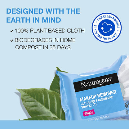 Neutrogena Makeup Remover Facial Cleansing Towelette Singles, Daily Face Wipes to Remove Dirt, Oil, Makeup & Waterproof Mascara, Gentle, Alcohol-Free, Individually Wrapped, 20 Ct