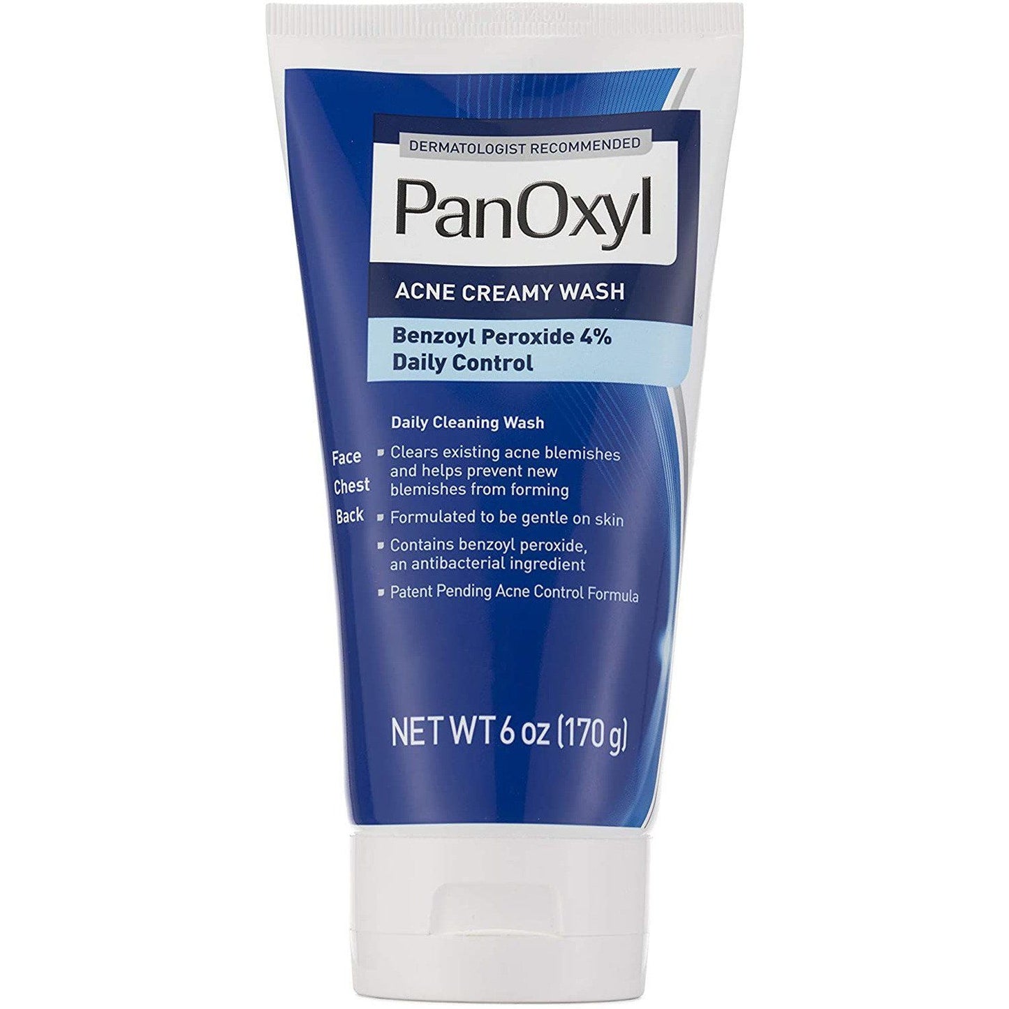 PanOxyl Acne Creamy Wash with 4% Benzoyl Peroxide in a 6 oz tube, suitable for face, chest, and back acne care.