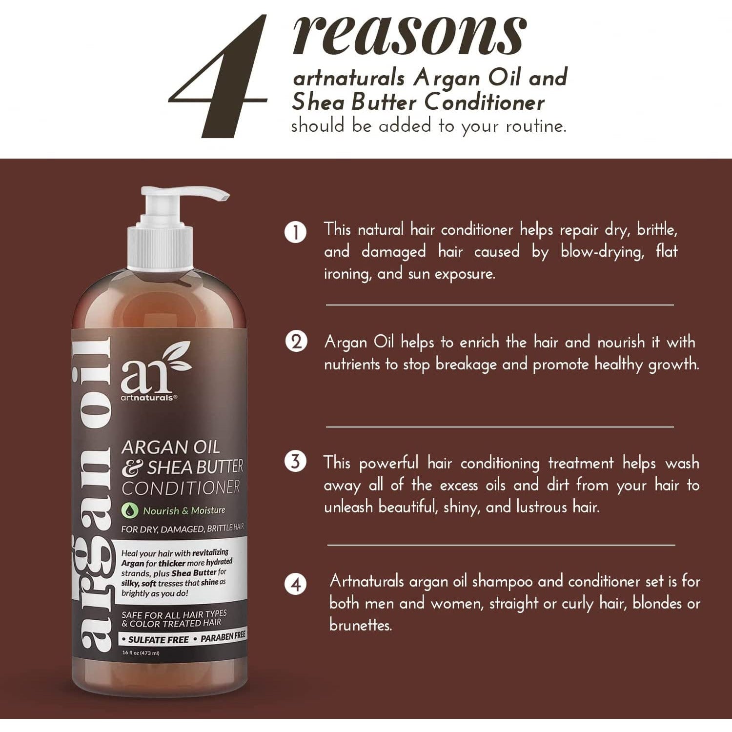 Artnaturals Argan Oil Hair Conditioner - (16 Fl Oz / 473Ml) - Sulfate Free - Deep Conditioning Treatment for Natural, Oily, Curly, Color Treated, Damaged and Dry Hair - Moisturizing for Men and Women