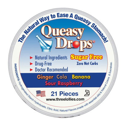 Three Lollies Queasy Drops Sugar Free Assorted for Nausea Relief, 21 Count