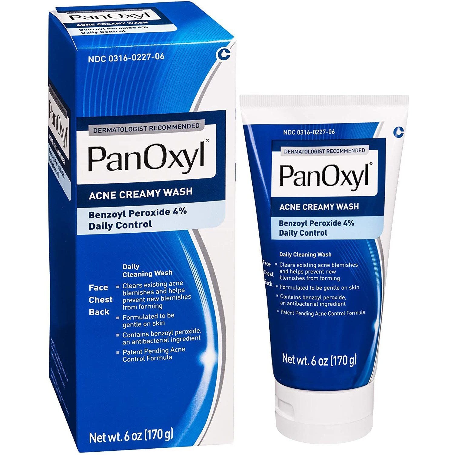 PanOxyl Acne Creamy Wash 4% Benzoyl Peroxide, 6 oz tube shown with packaging box, formulated for daily acne control.