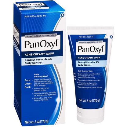 PanOxyl Acne Creamy Wash 4% Benzoyl Peroxide, 6 oz tube shown with packaging box, formulated for daily acne control.