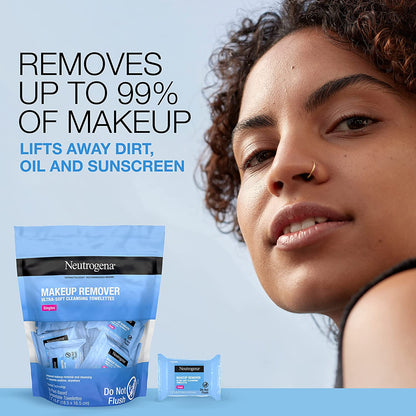 Neutrogena Makeup Remover Facial Cleansing Towelette Singles, Daily Face Wipes to Remove Dirt, Oil, Makeup & Waterproof Mascara, Gentle, Alcohol-Free, Individually Wrapped, 20 Ct