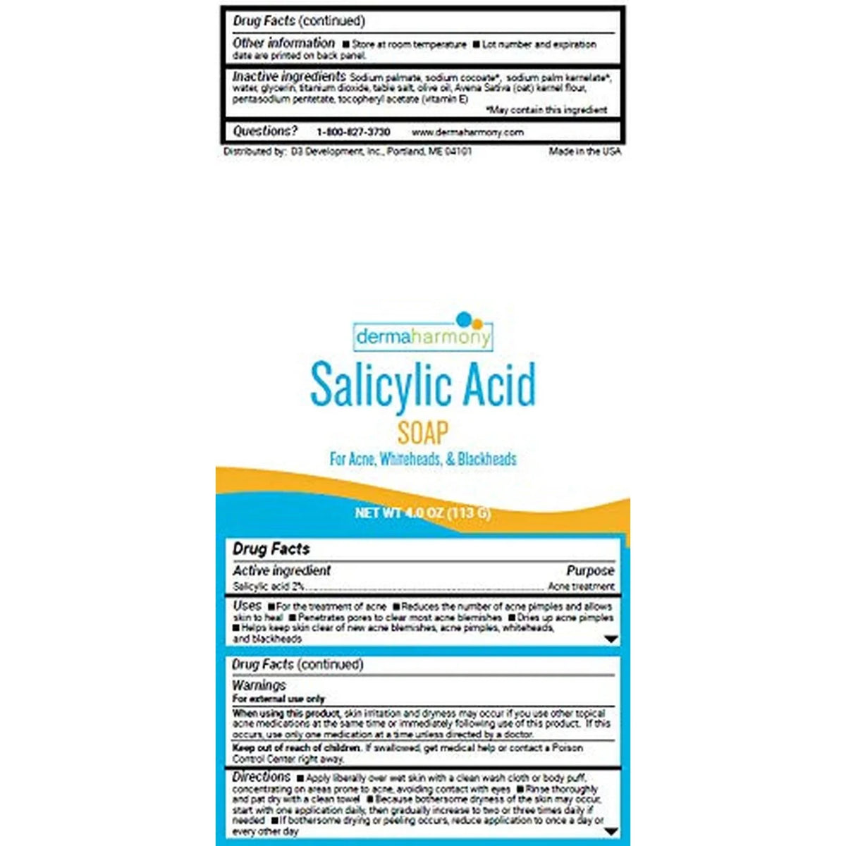 DermaHarmony Salicylic Acid Bar — rear packaging and label details