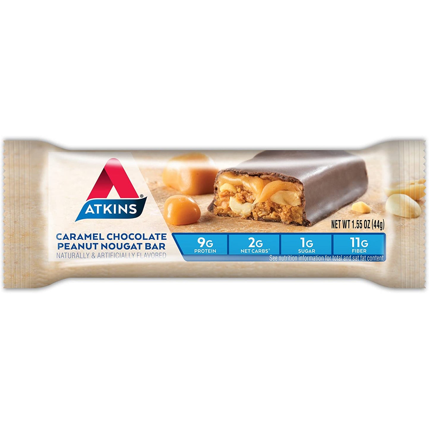 Atkins, Advantage, Caramel Chocolate Peanut Nougat Bar, 5 Bars, 1.6 Oz (44 G) Each