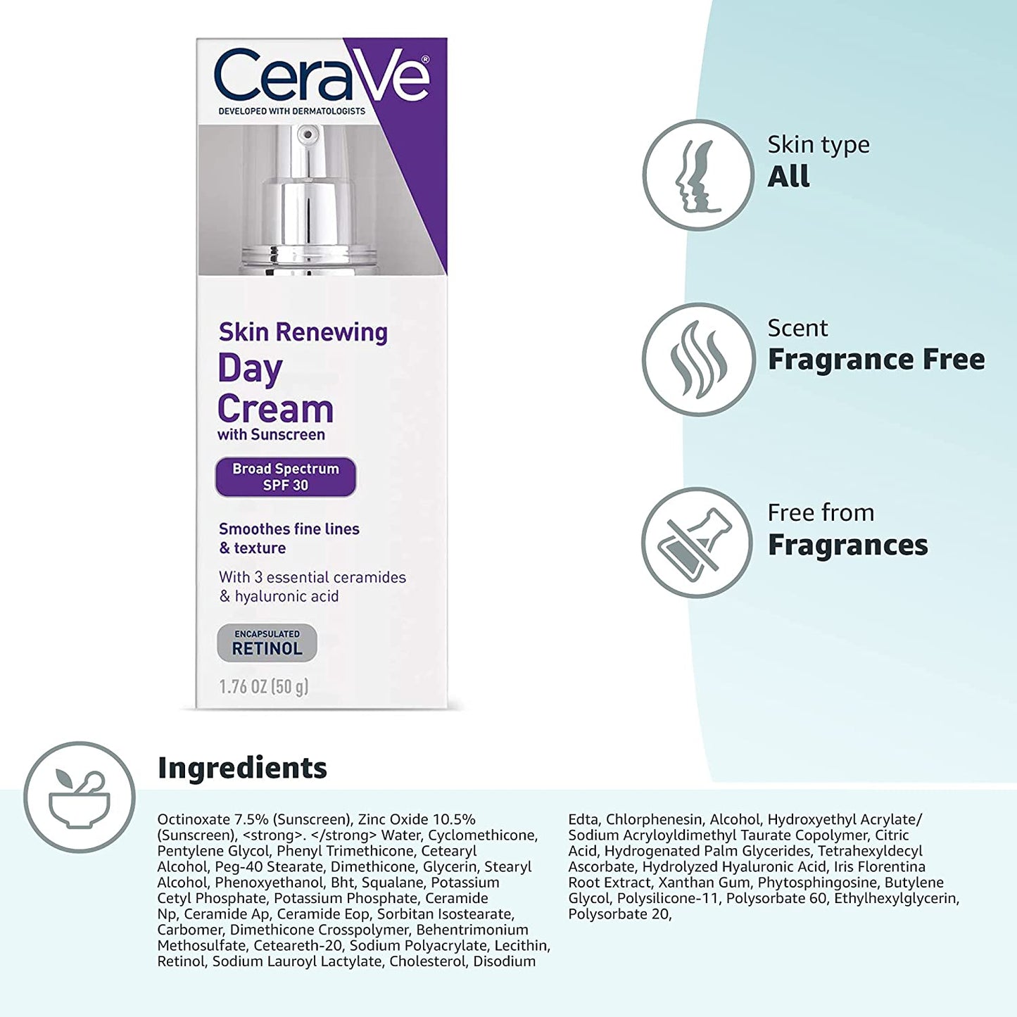 Cerave anti Aging Face Cream with SPF | 1.76 Ounce | anti Wrinkle Retinol Cream and Face Sunscreen | Fragrance Free