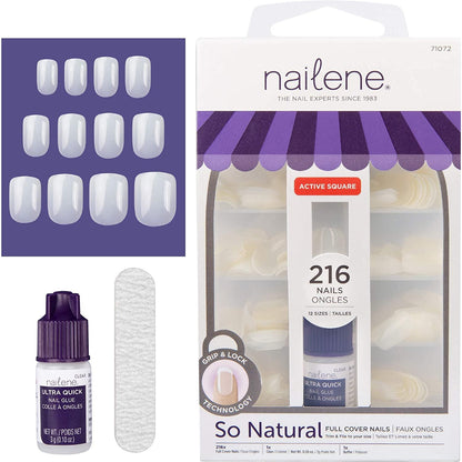 Nailene so Natural Full Cover Active Square 216 Nail Tips with Glue