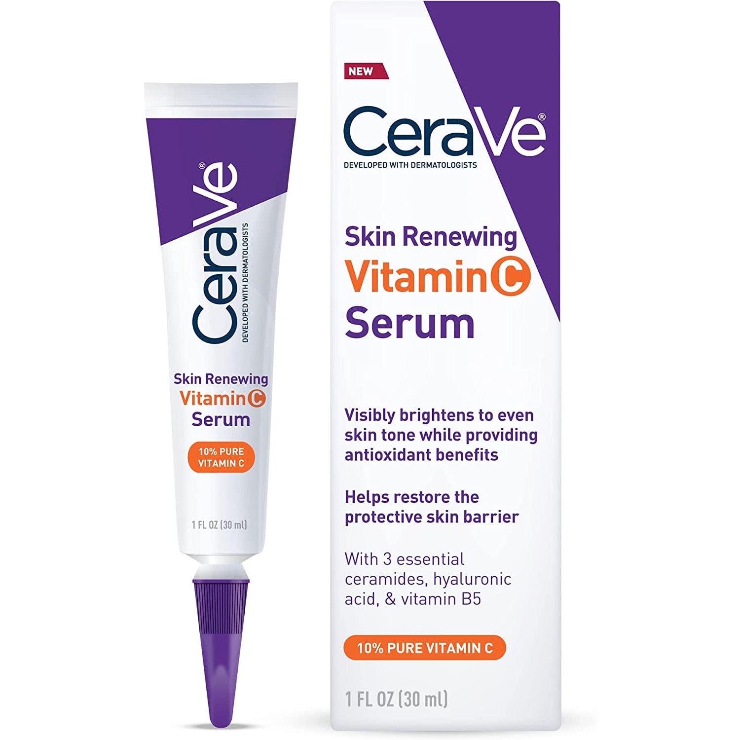 Cerave Vitamin C Serum with Hyaluronic Acid | Skin Brightening Serum for Face with 10% Pure Vitamin C | Fragrance Free | 1 Fl. Oz