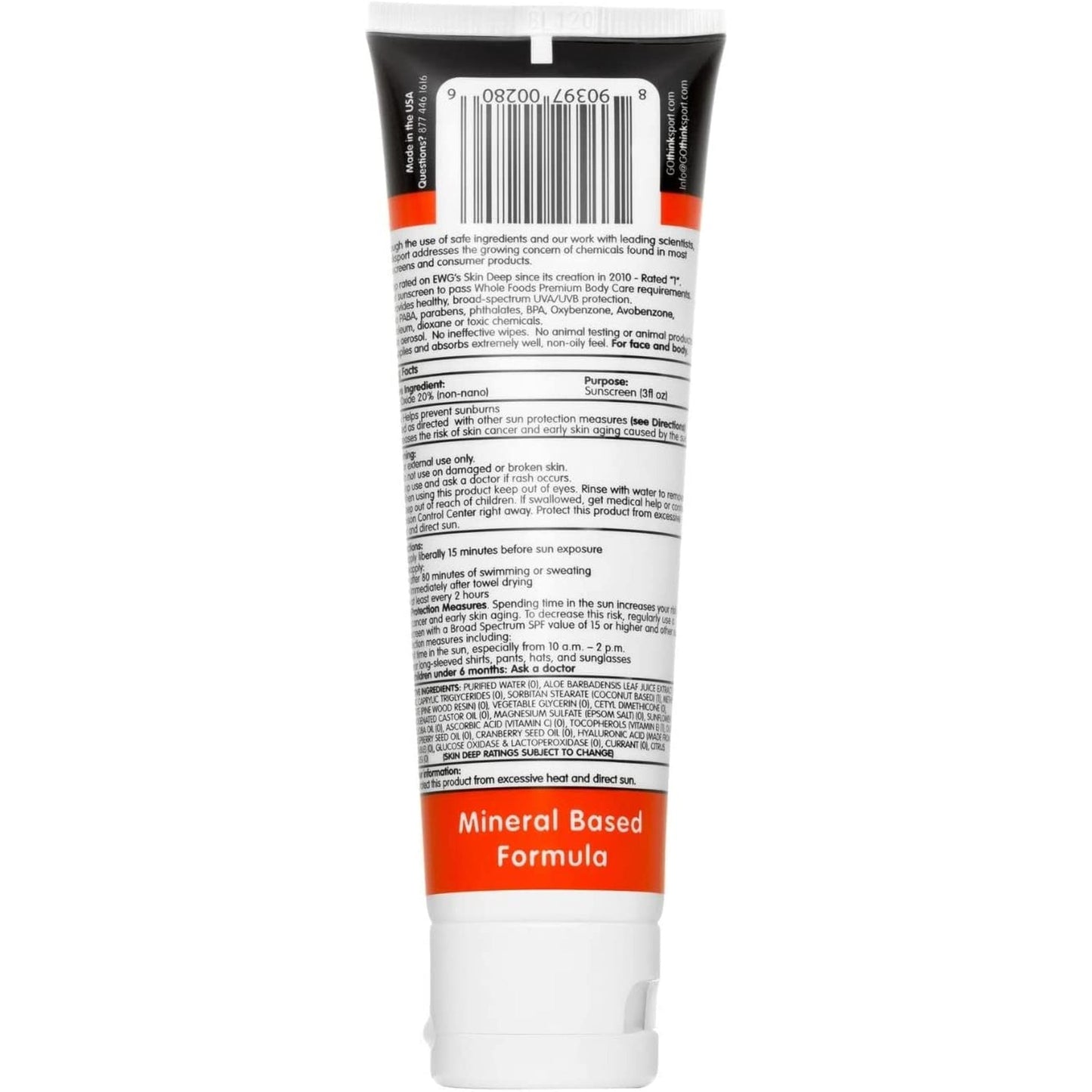 Thinksport Sunscreen 50 SPF 89Ml (3Oz) - Safer Zinc Oxide Mineral Formulation - Ideal for All Sport and Outdoor Pursuits - Non-Toxic Ingredients