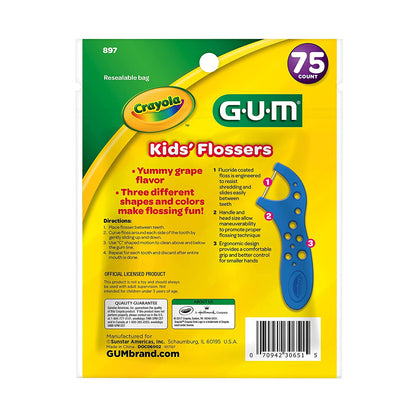 GUM-897 Crayola Kids' Flossers, Grape, Fluoride Coated, Ages 3+, 75 Count