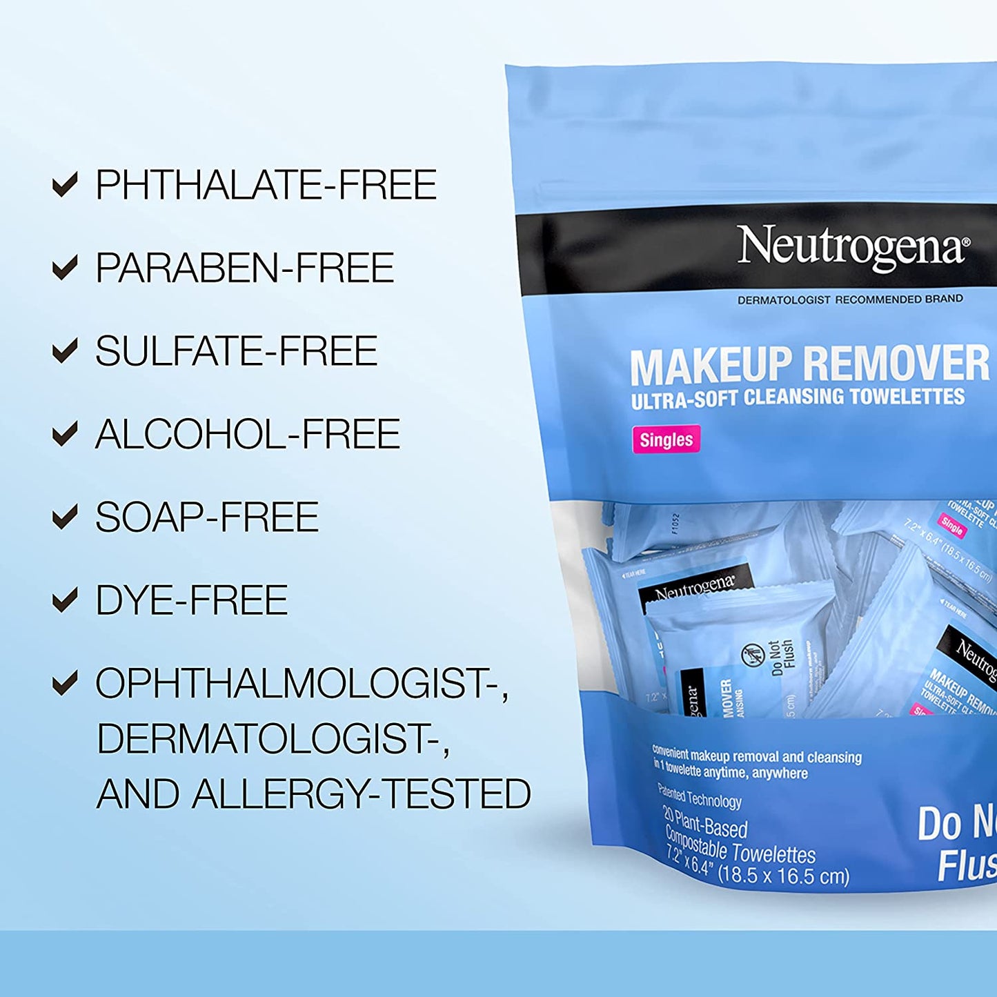 Neutrogena Makeup Remover Facial Cleansing Towelette Singles, Daily Face Wipes to Remove Dirt, Oil, Makeup & Waterproof Mascara, Gentle, Alcohol-Free, Individually Wrapped, 20 Ct